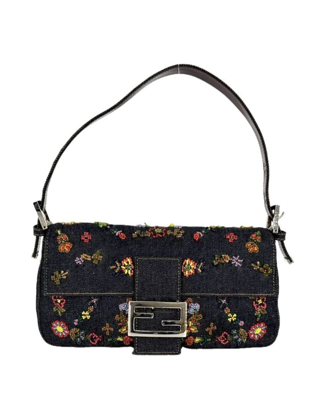 Fendi Mamma Bucket Beads Embroidery Shoulder Bag Denim Leather Indigo Silver